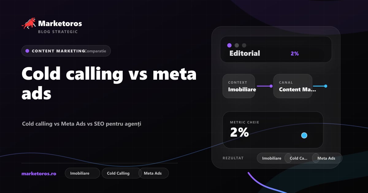 Banner editorial Marketoros despre cold calling vs meta ads, cu diagrama vizuala de strategie