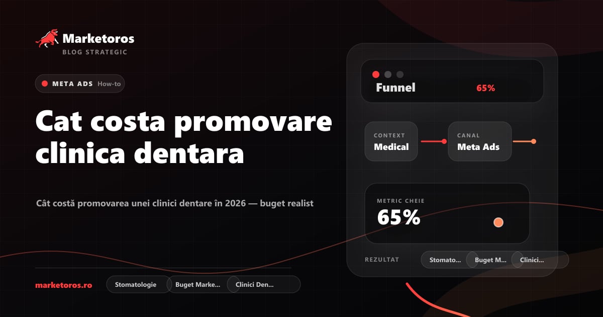 Banner editorial Marketoros despre cat costa promovare clinica dentara, cu diagrama vizuala de strategie