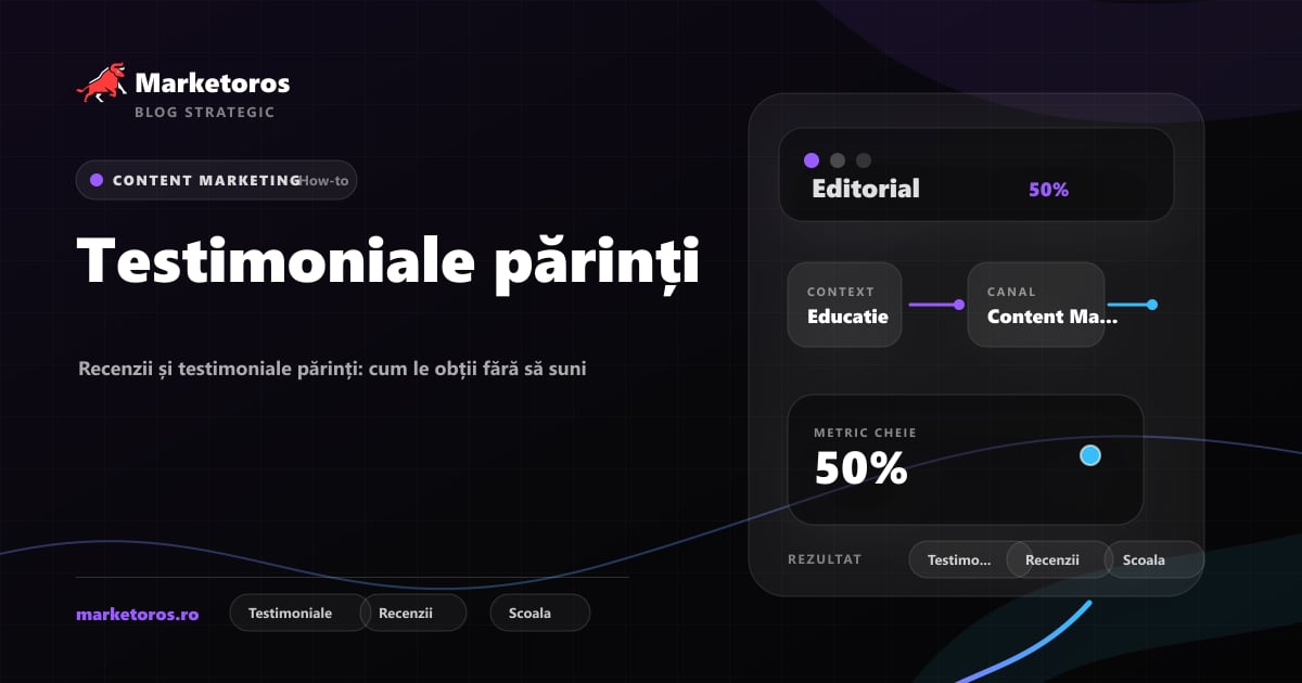 Banner editorial Marketoros despre testimoniale părinți, cu diagrama vizuala de strategie