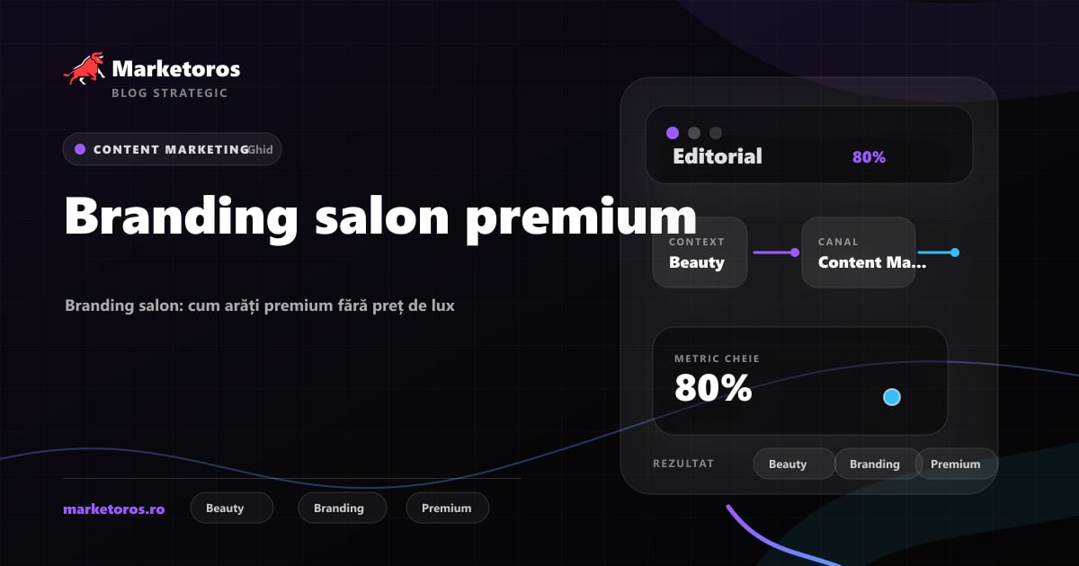 Banner editorial Marketoros despre branding salon premium, cu diagrama vizuala de strategie