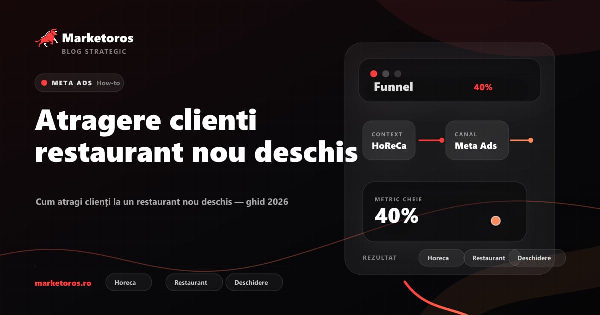 Banner editorial Marketoros despre atragere clienti restaurant nou deschis, cu diagrama vizuala de strategie