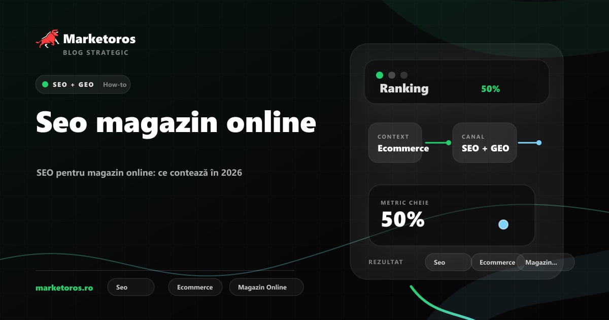 Banner editorial Marketoros despre seo magazin online, cu diagrama vizuala de strategie