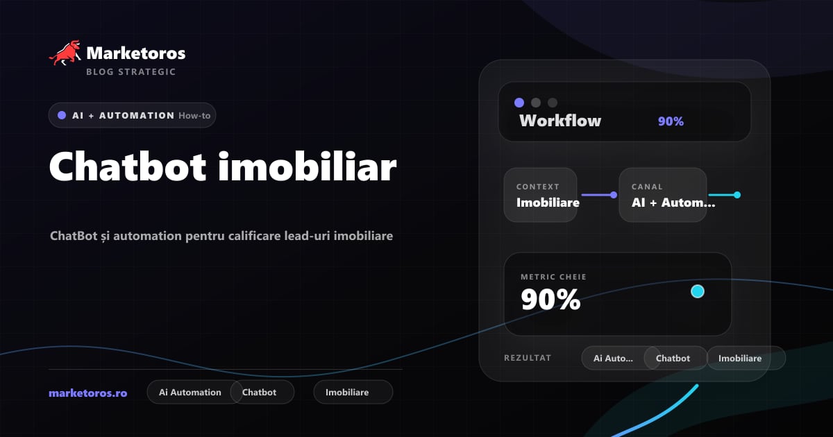 Banner editorial Marketoros despre chatbot imobiliar, cu diagrama vizuala de strategie