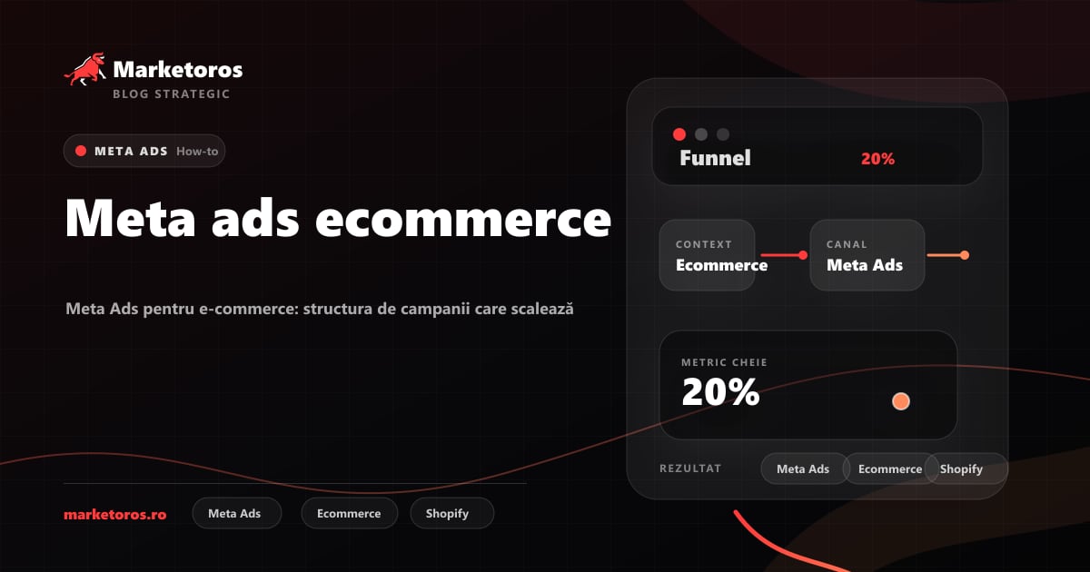 Banner editorial Marketoros despre meta ads ecommerce, cu diagrama vizuala de strategie