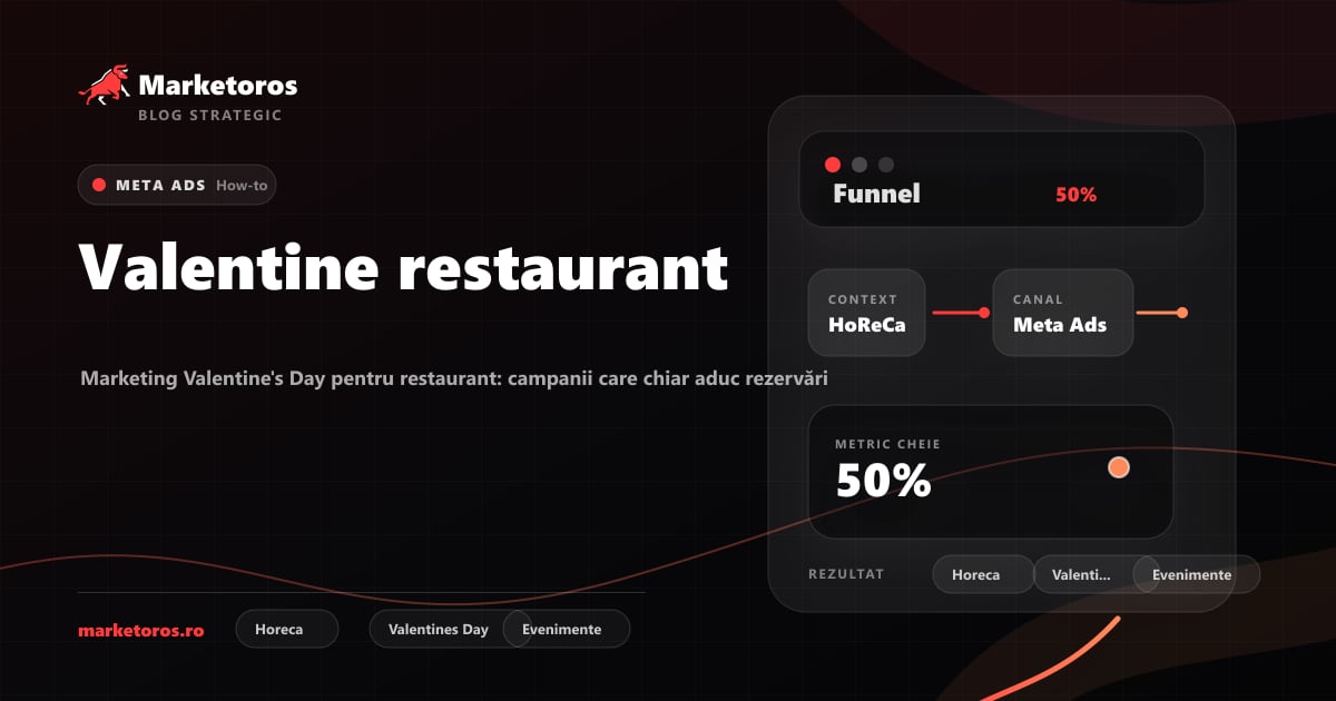 Banner editorial Marketoros despre valentine restaurant, cu diagrama vizuala de strategie