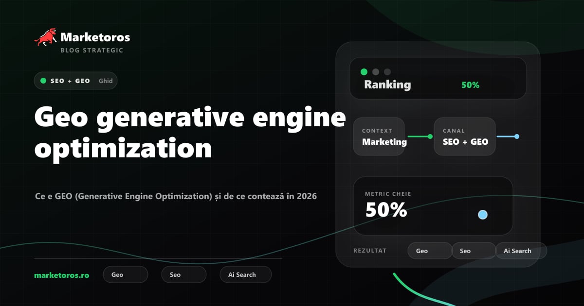 Banner editorial Marketoros despre geo generative engine optimization, cu diagrama vizuala de strategie