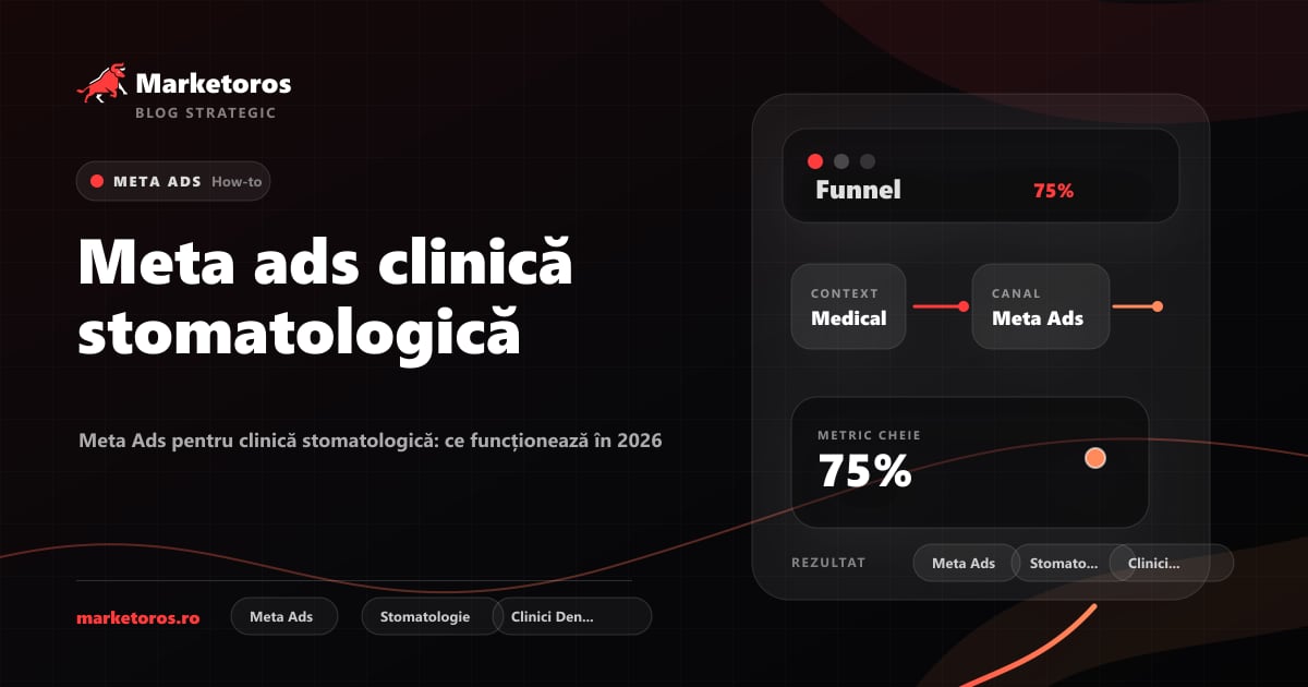 Banner editorial Marketoros despre meta ads clinică stomatologică, cu diagrama vizuala de strategie