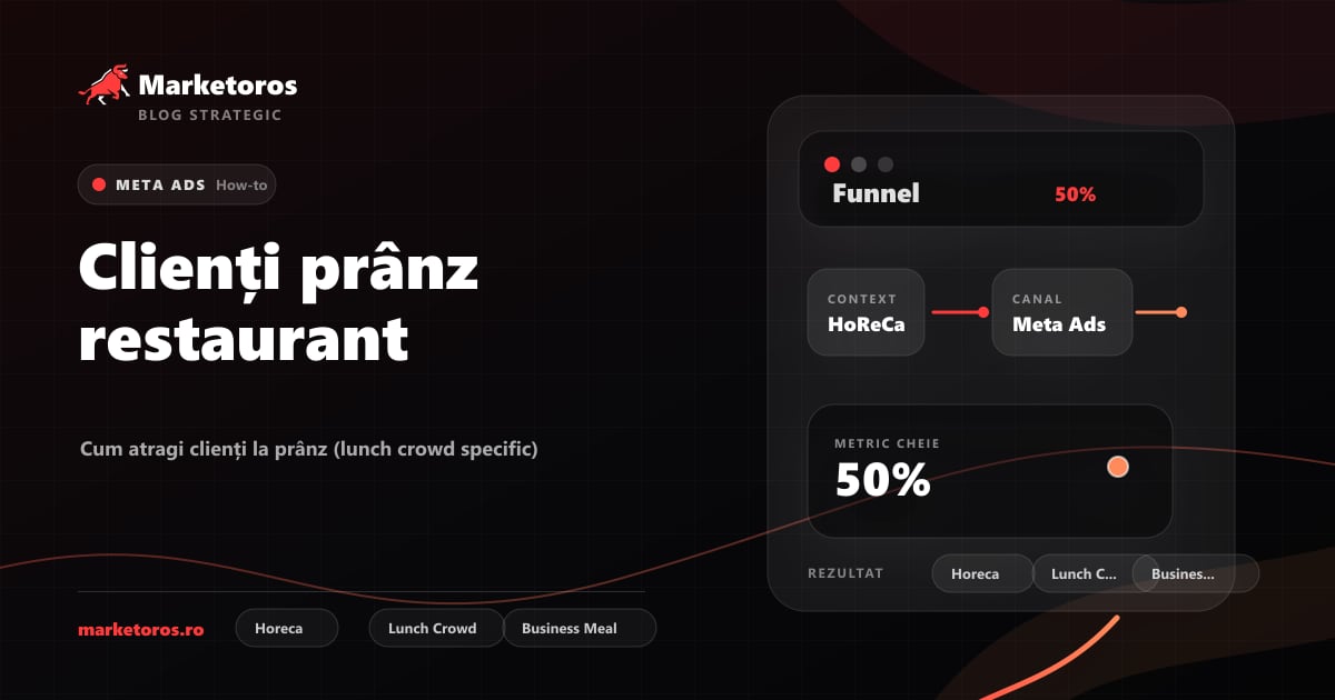 Banner editorial Marketoros despre clienți prânz restaurant, cu diagrama vizuala de strategie