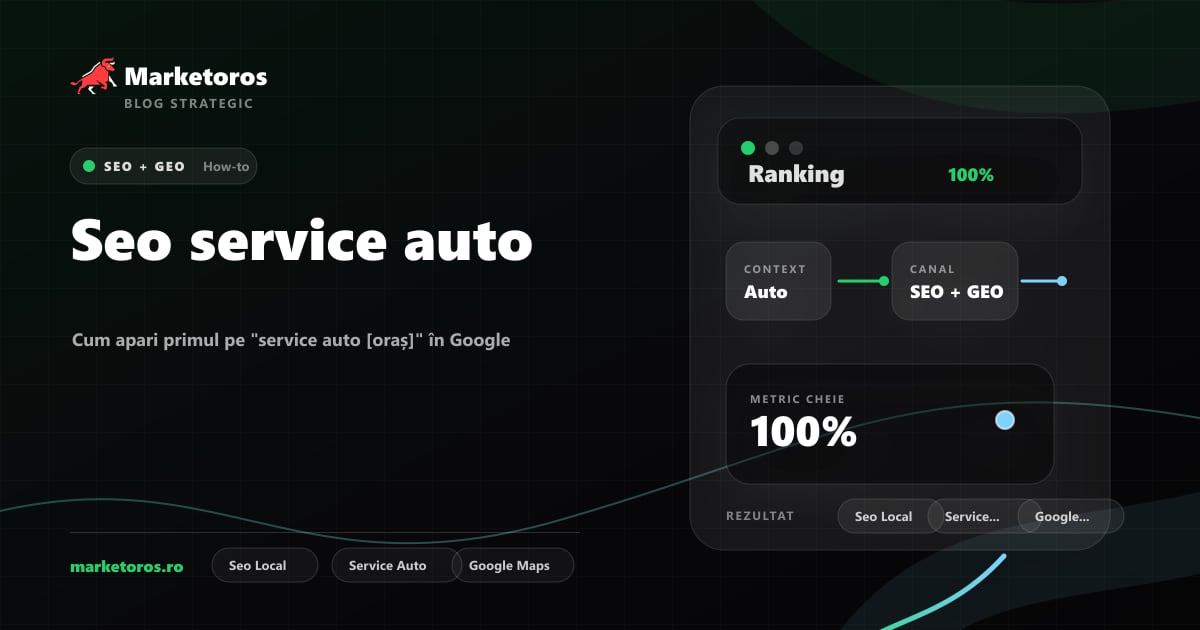 Banner editorial Marketoros despre seo service auto, cu diagrama vizuala de strategie