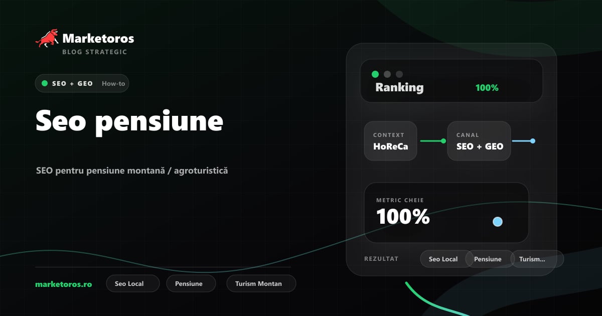 Banner editorial Marketoros despre seo pensiune, cu diagrama vizuala de strategie