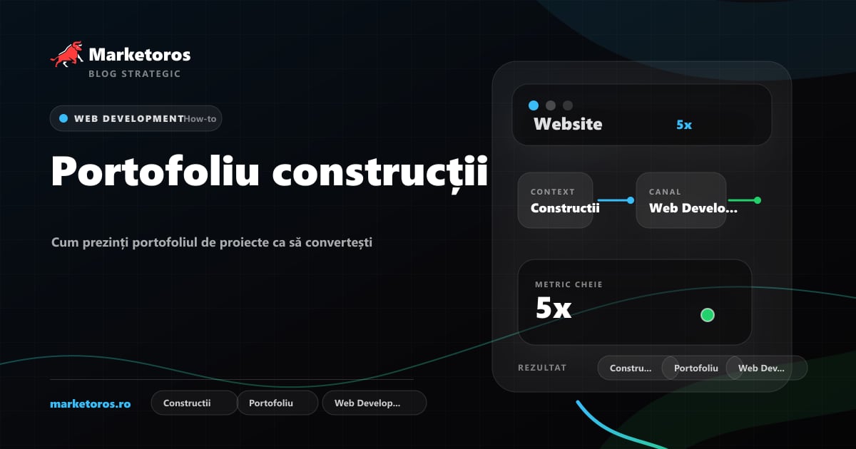 Banner editorial Marketoros despre portofoliu construcții, cu diagrama vizuala de strategie