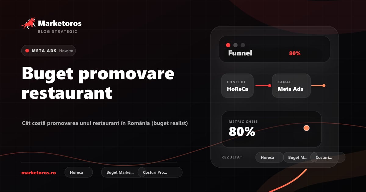 Banner editorial Marketoros despre buget promovare restaurant, cu diagrama vizuala de strategie