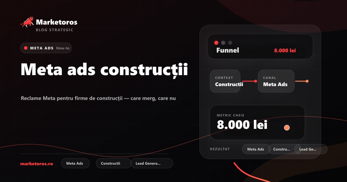 Banner editorial Marketoros despre meta ads construcții, cu diagrama vizuala de strategie