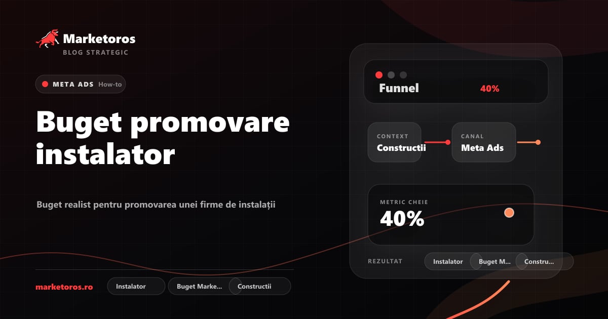 Banner editorial Marketoros despre buget promovare instalator, cu diagrama vizuala de strategie