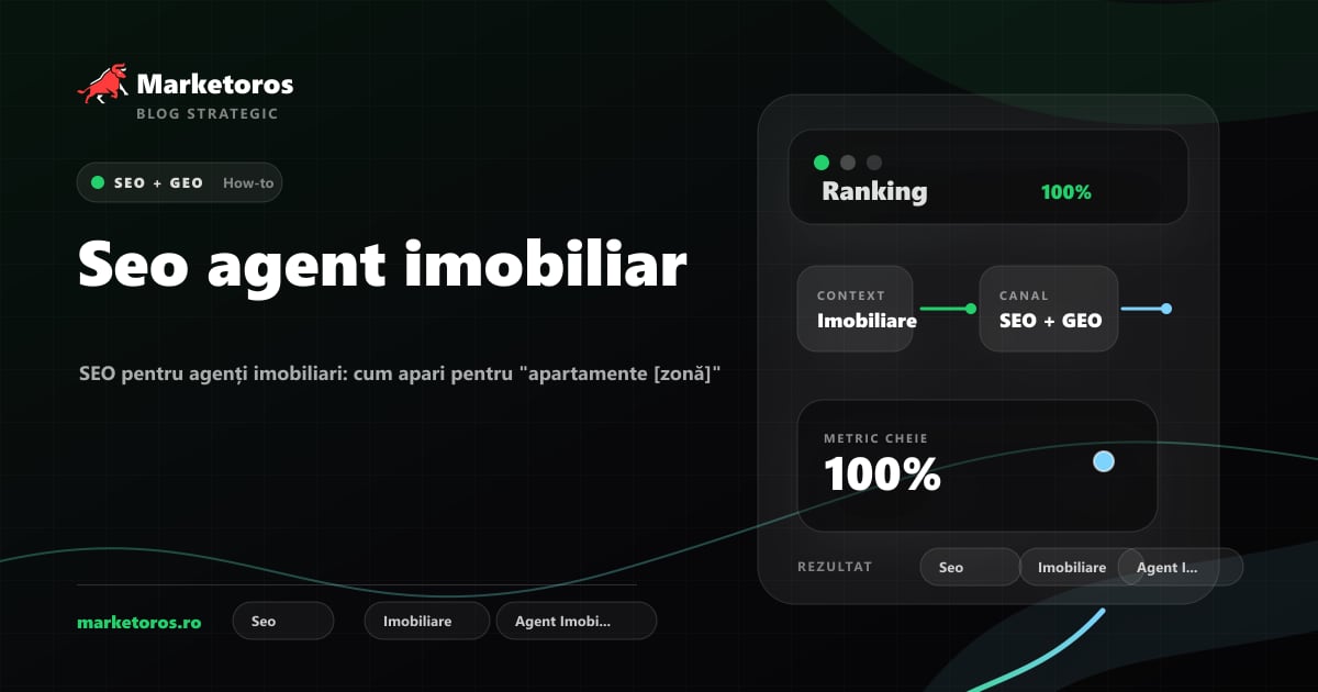Banner editorial Marketoros despre seo agent imobiliar, cu diagrama vizuala de strategie