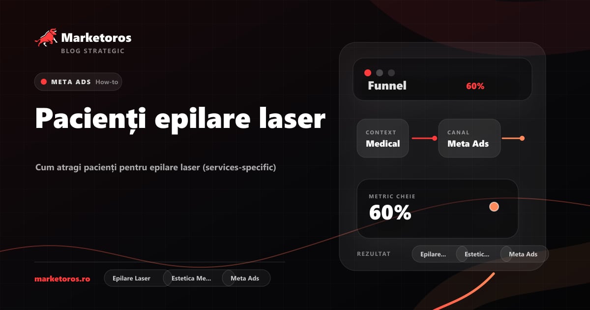 Banner editorial Marketoros despre pacienți epilare laser, cu diagrama vizuala de strategie
