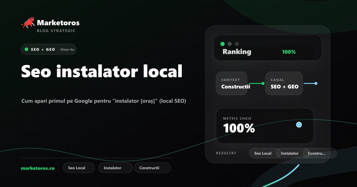 Banner editorial Marketoros despre seo instalator local, cu diagrama vizuala de strategie