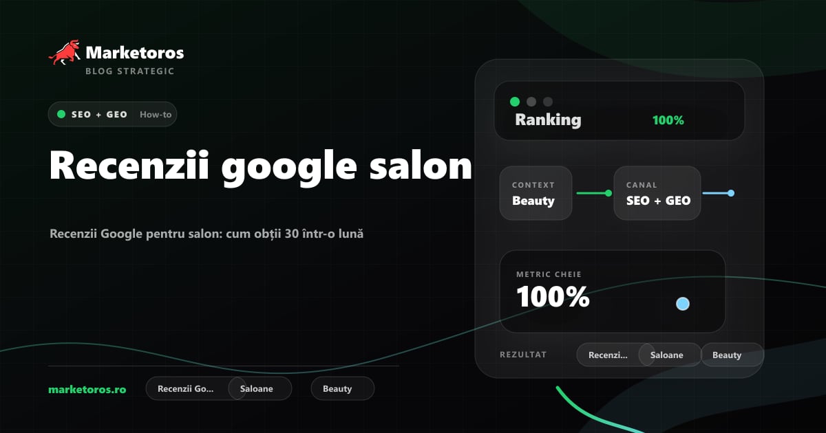 Banner editorial Marketoros despre recenzii google salon, cu diagrama vizuala de strategie