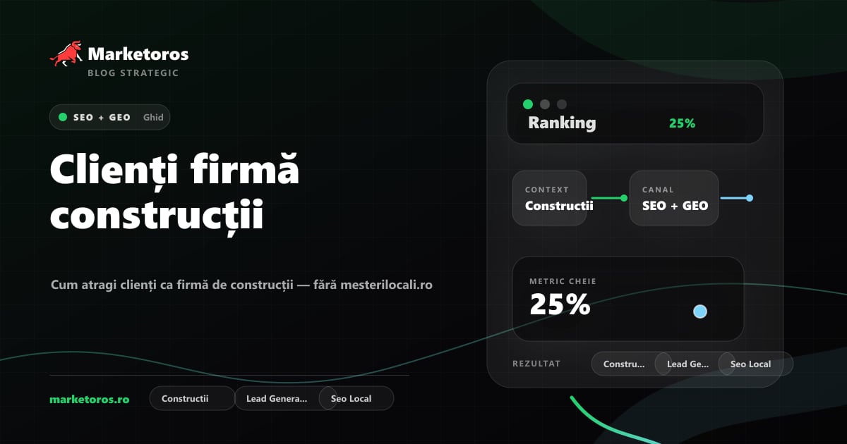 Banner editorial Marketoros despre clienți firmă construcții, cu diagrama vizuala de strategie