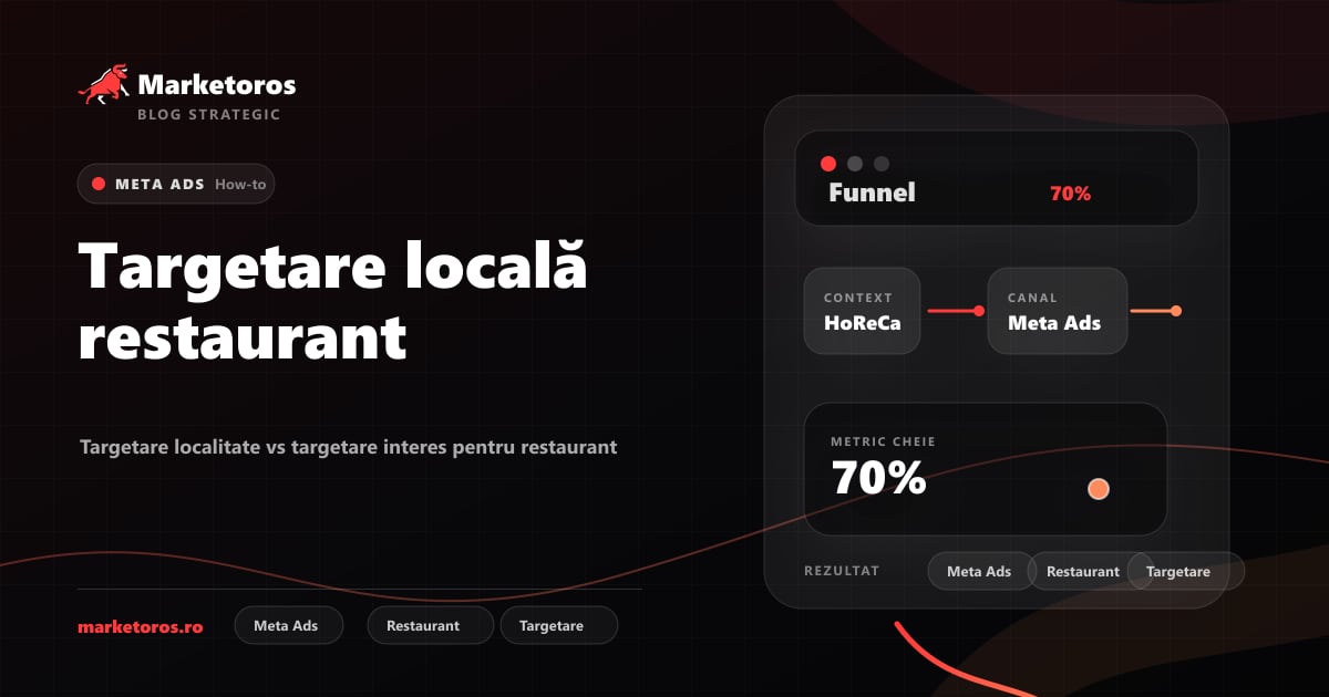 Banner editorial Marketoros despre targetare locală restaurant, cu diagrama vizuala de strategie