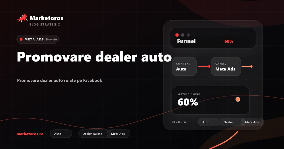 Banner editorial Marketoros despre promovare dealer auto, cu diagrama vizuala de strategie