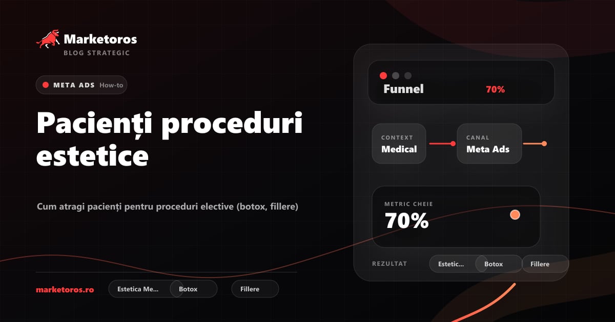 Banner editorial Marketoros despre pacienți proceduri estetice, cu diagrama vizuala de strategie