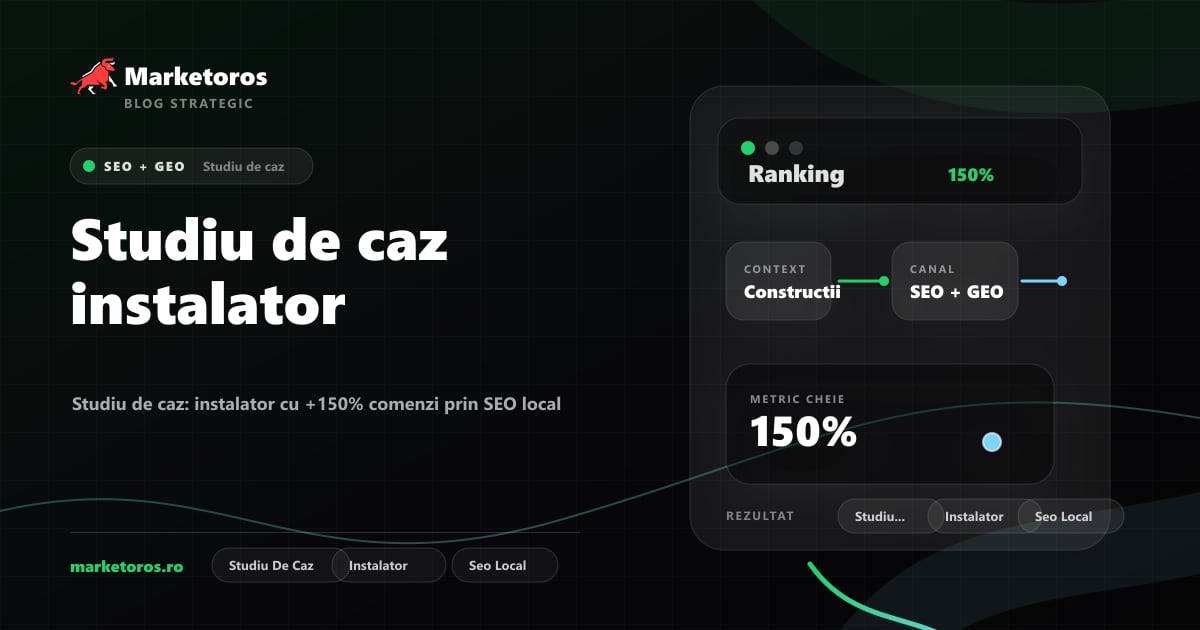 Banner editorial Marketoros despre studiu de caz instalator, cu diagrama vizuala de strategie