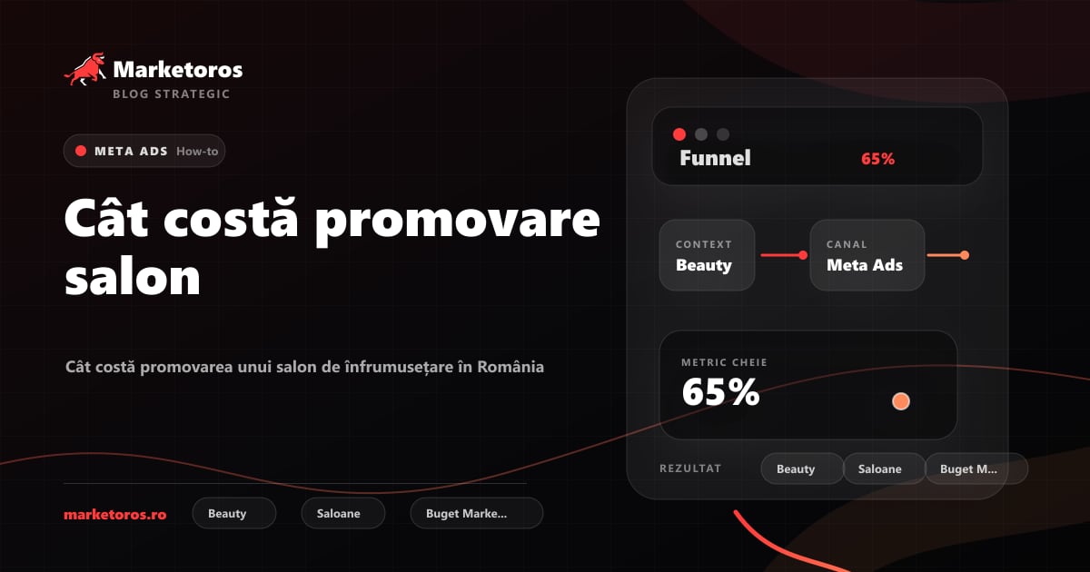 Banner editorial Marketoros despre cât costă promovare salon, cu diagrama vizuala de strategie