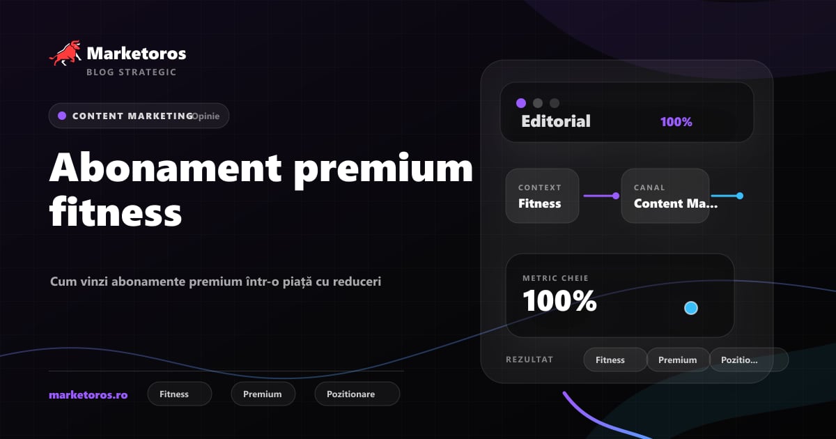 Banner editorial Marketoros despre abonament premium fitness, cu diagrama vizuala de strategie