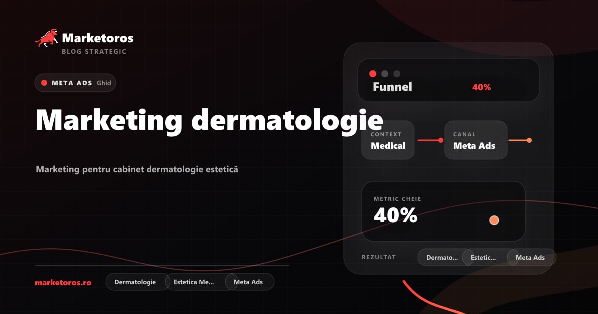 Banner editorial Marketoros despre marketing dermatologie, cu diagrama vizuala de strategie